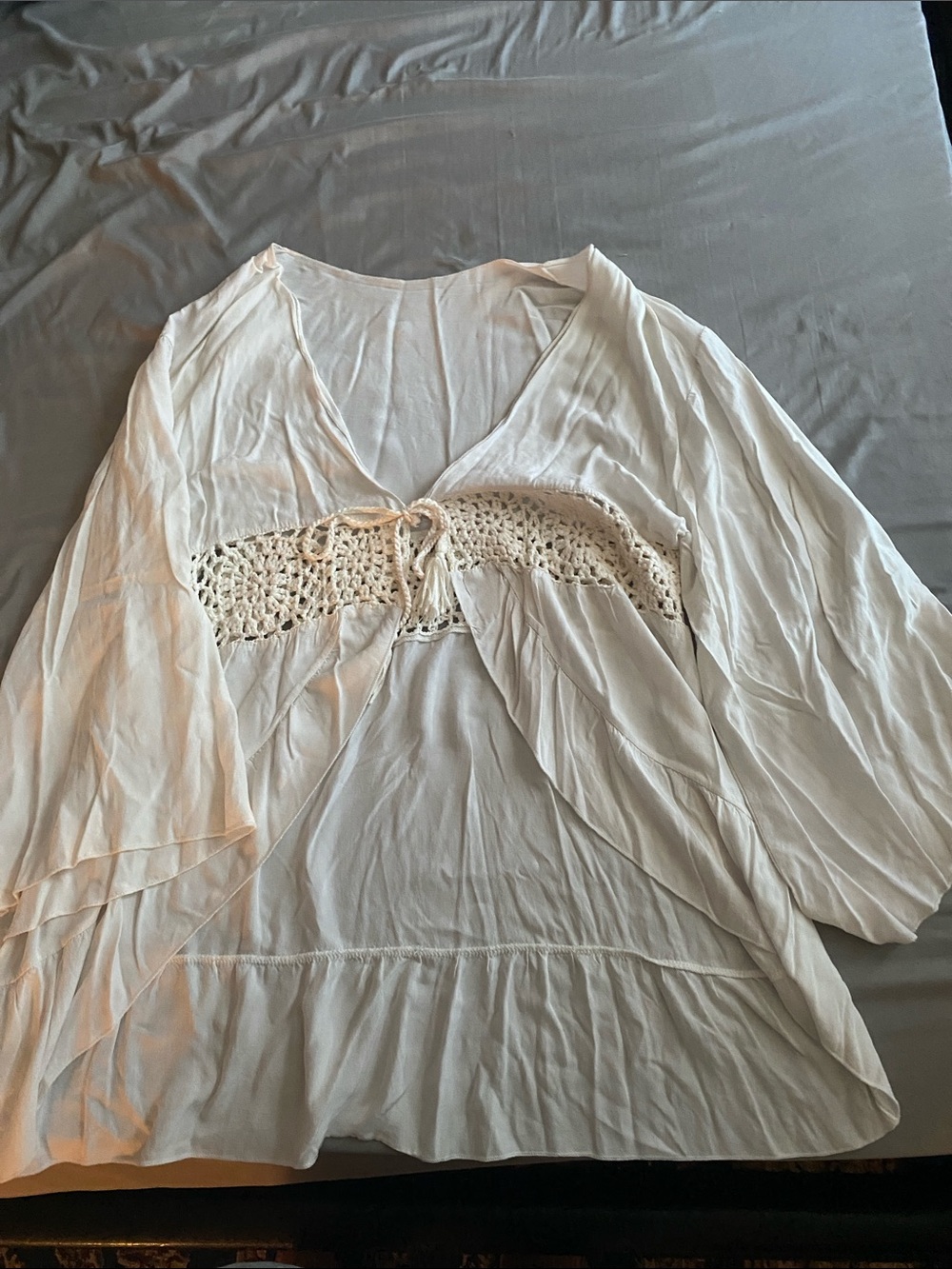 Cream Crochet-Detail Sheer Kimono Top